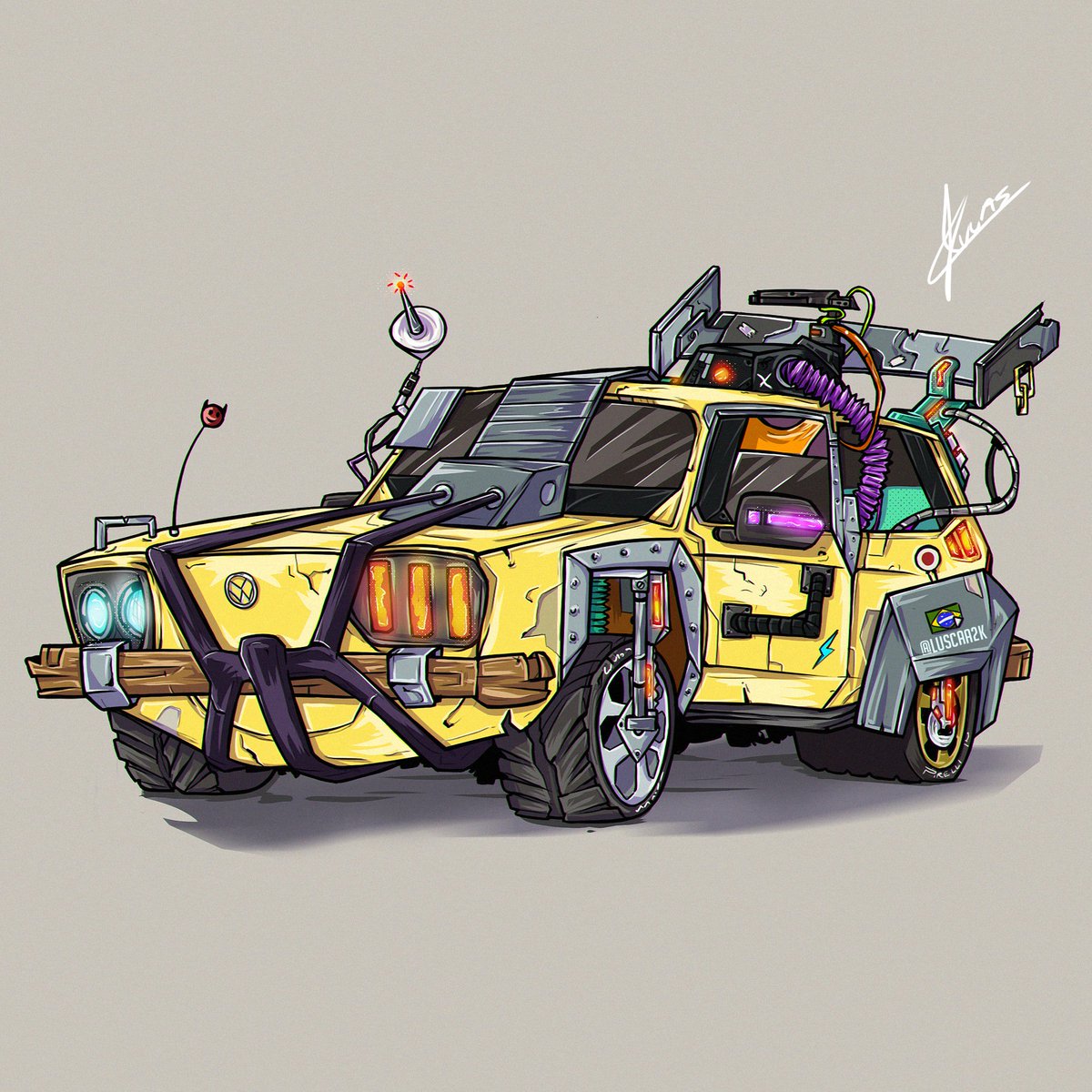 Brasília na linha tênue de cyberpunk e ferro velho kkksk
mais um carro terminado, feliz demais com o resultado <3 

#cyberpunk #illustration