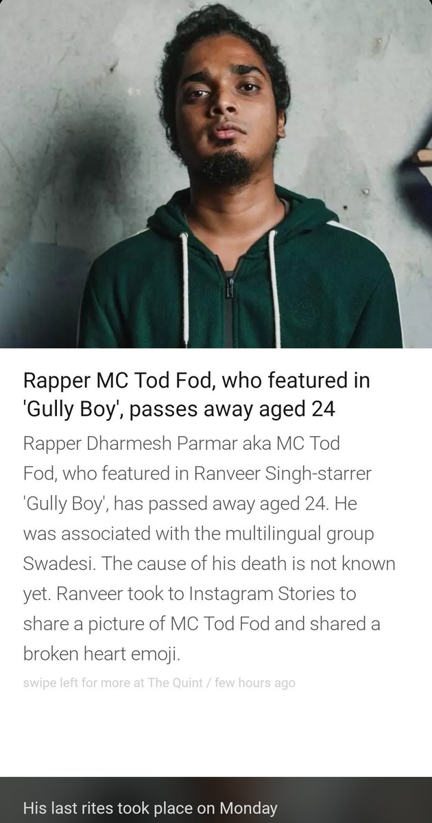 24?
This is too young to be natural death.
No? 

Hope his family has enough strength to go through this phase.

#RIP #McTodFod #Rap #Rapper #IndianRap
