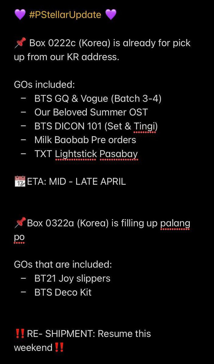 PurpleStellarPH's tweet photo. #PStellarUpdate π
Helloooo! Please see latest updates as of today: March 22, 2022. Thank you for your patience everyone π
DM us for more questions or clarifications. https://t.co/NvgHYWZWxF