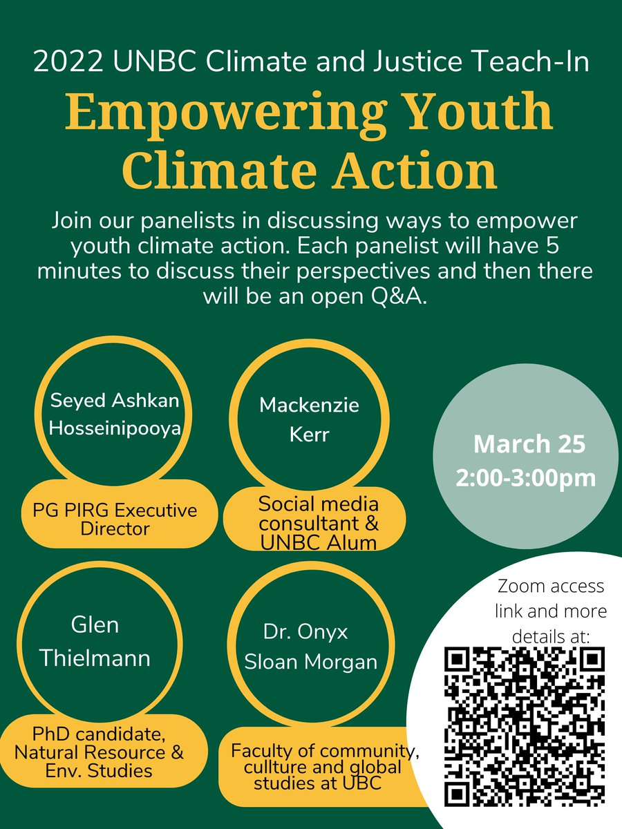 Environmental & Sustainability Studies @ UNBC (@essunbc) on Twitter photo How do we empower youth climate action? Learn about youth climate action today at 2pm at this panelist discussion and open Q&A featuring <a href="/pgpirg/">PGPIRG</a> <a href="/MackenzieKerr97/">Mackenzie Kerr</a> <a href="/gthielmann/">Glen Thielmann</a> and Dr Onyx Sloan Morgan.
Zoom ID:65345892394
Passcode: 940765
bit.ly/unbcclimatejus… How do we empower youth climate action? Learn about youth climate action today at 2pm at this panelist discussion and open Q&A featuring <a href="/pgpirg/">PGPIRG</a> <a href="/MackenzieKerr97/">Mackenzie Kerr</a> <a href="/gthielmann/">Glen Thielmann</a> and Dr Onyx Sloan Morgan.
Zoom ID:65345892394
Passcode: 940765
bit.ly/unbcclimatejus…