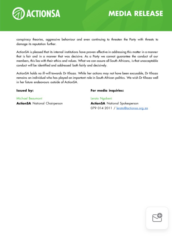 NkeleMolapo's tweet photo. Press Statement by Michael Beaumont (@ME_Beaumont )
ActionSA National Chairperson
 
@Action4SA Terminates Makhosi Khoza’s Membership
 
DATE: 22 March 2022                 
RELEASE: Immediate https://t.co/eQlGK8O9zP