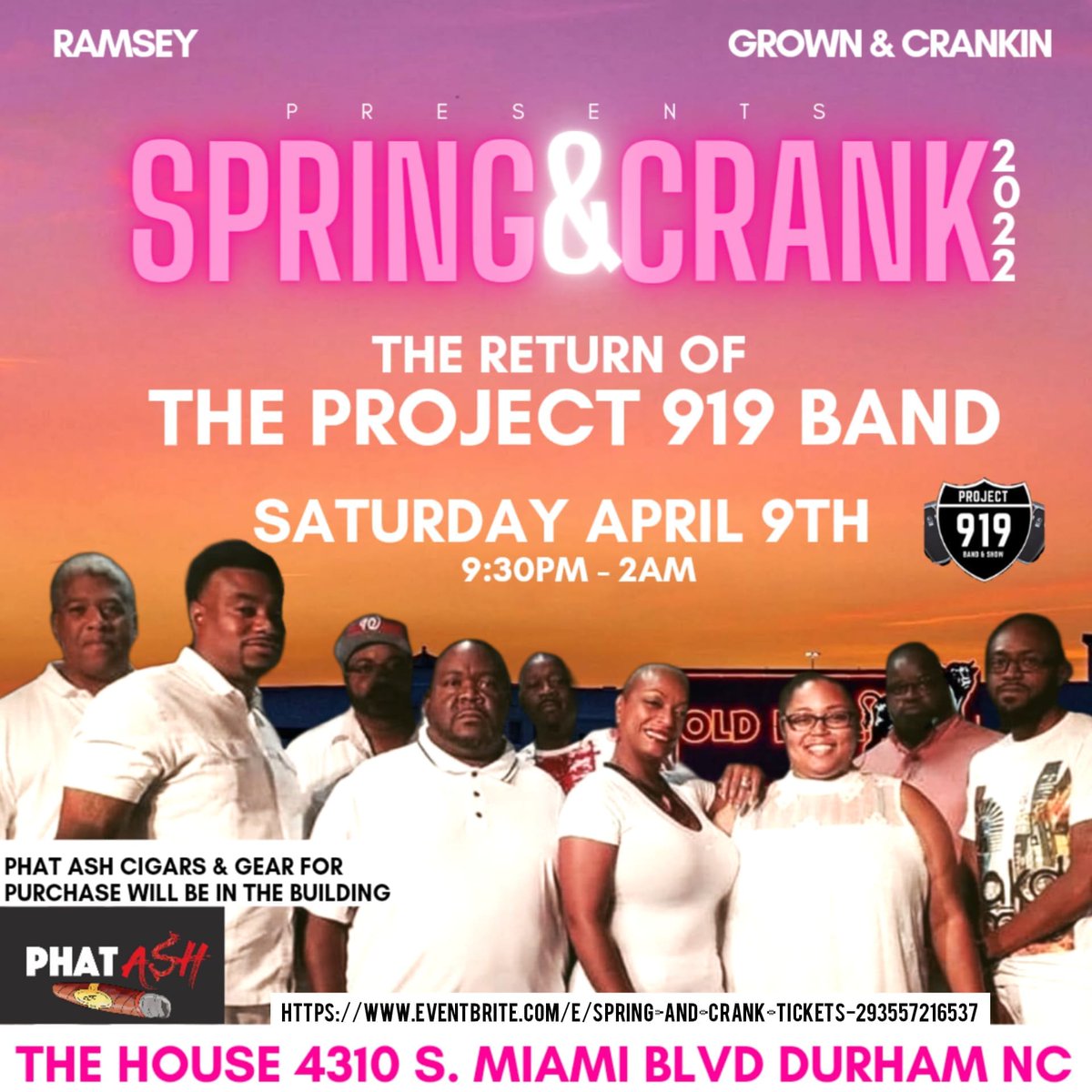 theproject919's tweet photo. ‼️NEW SHOW DATE‼️
Saturday April 9th
Doors: 9:30pm
SPRING and CRANK
the return of The Project 919 Band
PHAT ASH CIGARS &amp; GEAR WILL BE IN THE BUILDING!! 
THE HOUSE 4310 S. Miami Blvd Durham NC
#SpringandCrank2022 #gogo #bullcity #birthdaybash #cigars #phatash  #theproject919band https://t.co/14SWF5gYpR