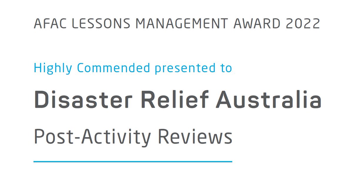 Congratulations to @disasterreliefau, Highly Commended recipient of the <a href="/ResilienceC3/">C3 Resilience</a> Lessons Management Award for their Post-Activity Reviews! #LMF22