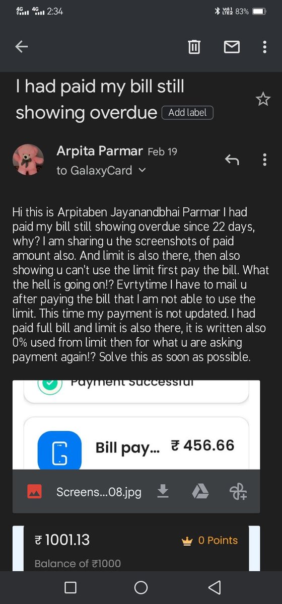 ArpuJP's tweet photo. @galaxycardin you know your application is worst. Without using limit you generated my bill and asking me to pay, but why should I pay? I haven't used the limit after paying the last bill. I mailed you so many times but bo response, again sharing u the SS here. See this https://t.co/APSX6UY00f