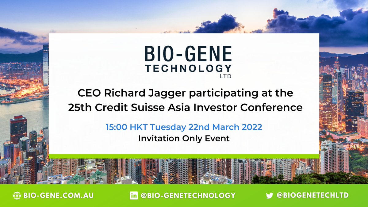 biogenetechltd's tweet photo. Bio-Gene CEO @richjagger will participate in a panel at the 25th @csapac Asia Investor Conference today.
#CSAIC is widely regarded as the most exclusive leadership gathering in APAC.
🎤 Details: https://t.co/ZUtXy1Rv04
📑 @ASX: https://t.co/Z3Xfj7s9Sl
$BGT #NovelSaferBetter https://t.co/YTPvhvt0cU