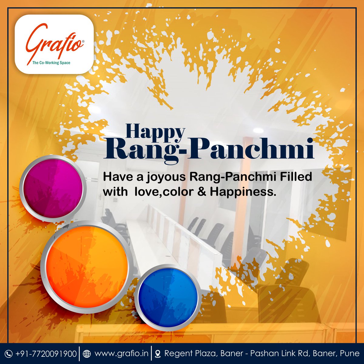 Grafio5's tweet photo. 💕May your life be filled with the brightest of colours, and may you always be healthy and joyful.

🌈Happy Rang Panchami to you.

#grafiocoworkingspace #rangpanchami #pune #festivalofcolors #colorful #celebration #Twitter https://t.co/HNOXqlfxZ9