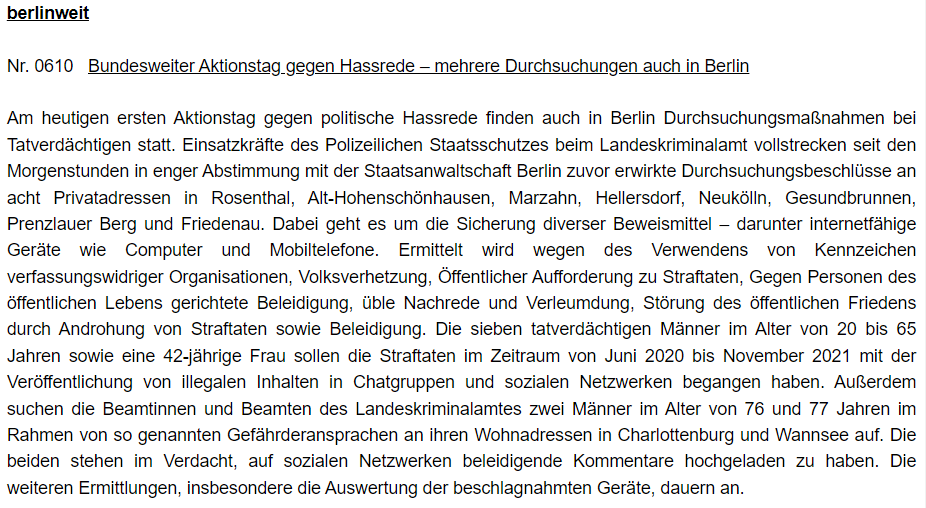 Screenshot der gemeinsamen Pressemeldung von Generalstaatsanwaltschaft Berlin  und Polizei Berlin