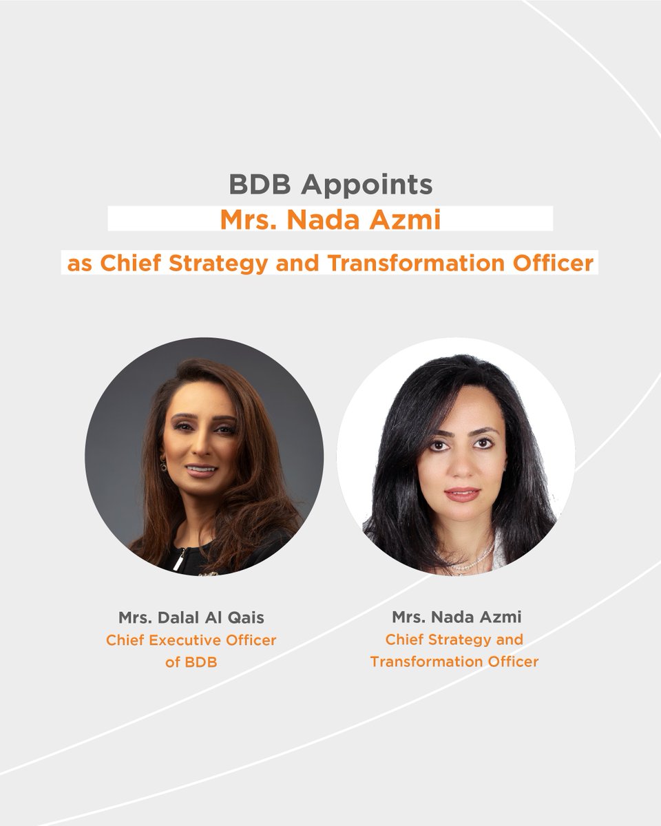 BDBbahrain's tweet photo. BDB appoints Mrs. Nada Azmi as Chief Strategy and Transformation Officer.
#BahrainDevelopmentBank #Bahrain https://t.co/03gG7149YY