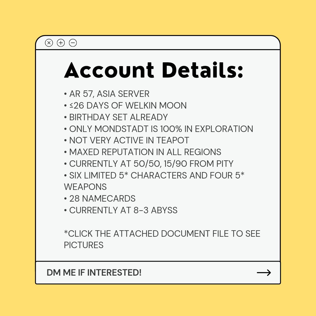 qfaves's tweet photo. IM SELLING MY AR 57 GENSHIN IMPACT ACCOUNT
(i hope someone buys it 😭) also, my device is way too crappy to handle genshin anymore.

document file for more details (+ dm me hehe): https://t.co/tIODnml1Xs

#genshintwt #GenshinImpact https://t.co/sW1CL7QFXg