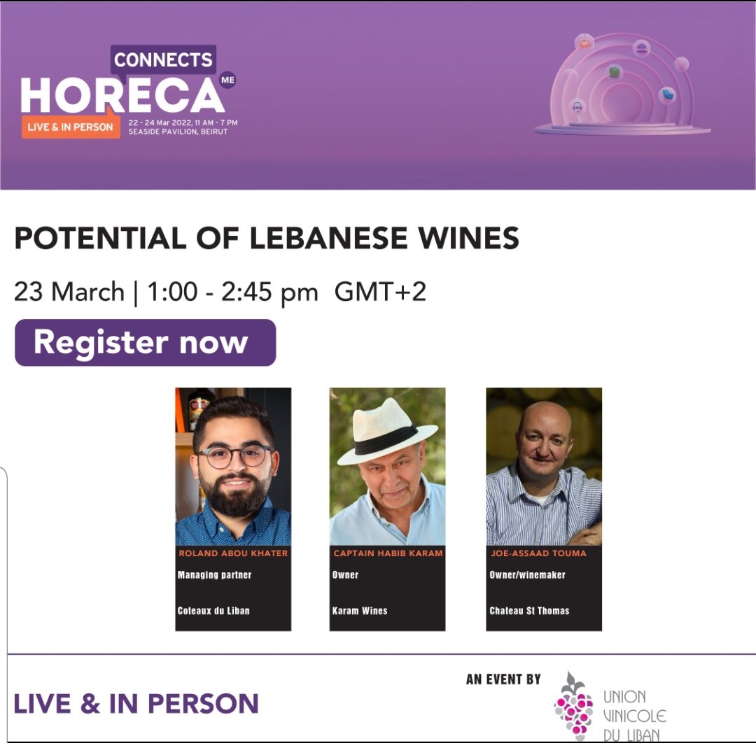 jotouma's tweet photo. Join me @HorecaConnects tomorrow at 1 pm to talk about Lebanese wine sector and it’s potential with My friend and colleague Roland Abou Khater, Habib Karam &amp; Union Vinicole du Liban 🍷🇱🇧 @ChateauStThomas #wine #lebanesewine #horeca #beirut #lebanon #historyofwine #winelover https://t.co/RGzboLMo7d