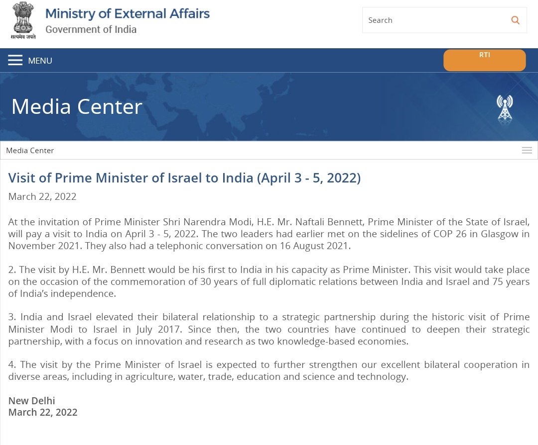 sidhant's tweet photo. Israel PM to visit India from April 3rd to 5th, announces Indian Govt https://t.co/uLyW1zUByK