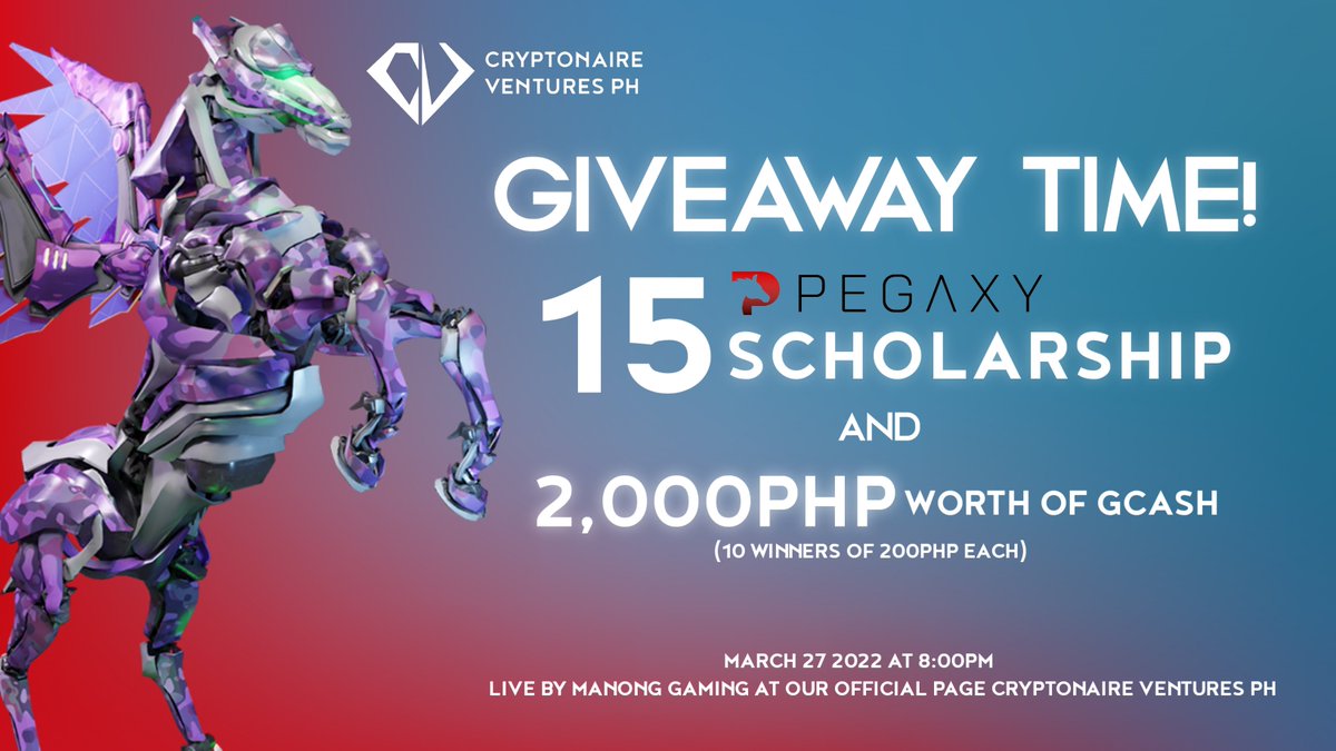 CryptonairePH's tweet photo. 🚨🚨‼️ GIVEAWAY ALERT ‼️🚨🚨

4th Giveaway for March: Another round of  
@PegaxyOfficial Scholarships &amp; Gcash to our community.

Follow the instructions here to qualify:
https://t.co/0X2ADcpGXw

Share this to your family and friends!
WAGMI CryptoNaires!

#CryptoNairesPH #Pegaxy https://t.co/XylUVX8aSF