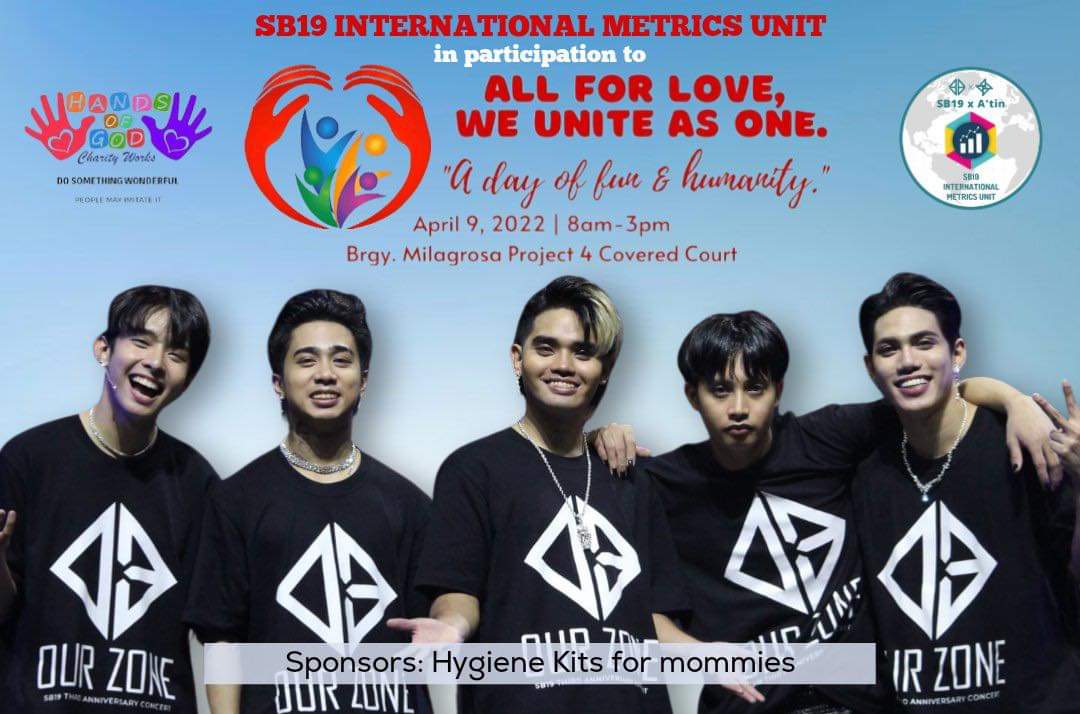 BethHogcw's tweet photo. This coming April 9,2022 ALL FOR LOVE EVENT of Hands of God Charity works @SB19Official and @SB19SIMU will be joining to bless 90 warrior moms  with special needs children. They will be pledging for hygiene kits.
Thankyou for supporting a Greay cause again and again.. #SB19SIMU https://t.co/VRvsrLmS3V