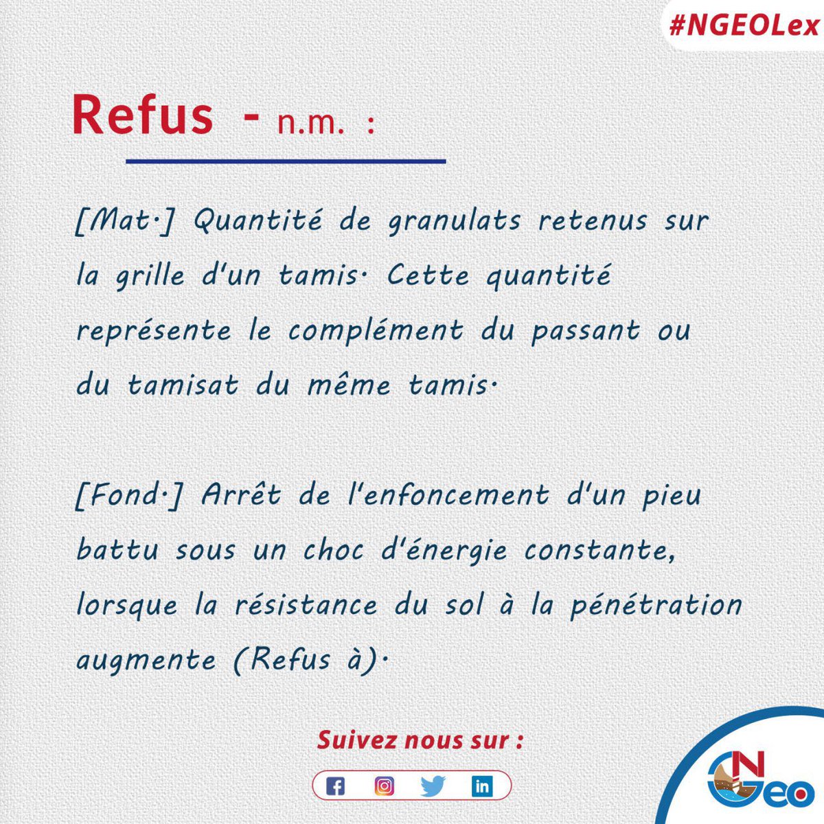 ngeosol's tweet photo. #NGEOLex 

Selon les contextes, le refus peut avoir une ou plusieurs significations lorsqu’on est en géotechnique.

#GeotechnicalEngineering #NGEO #NGEOLex #workhard #Geotechnics #CivilEngineering #constructionindustry https://t.co/mgLNCJaWLN