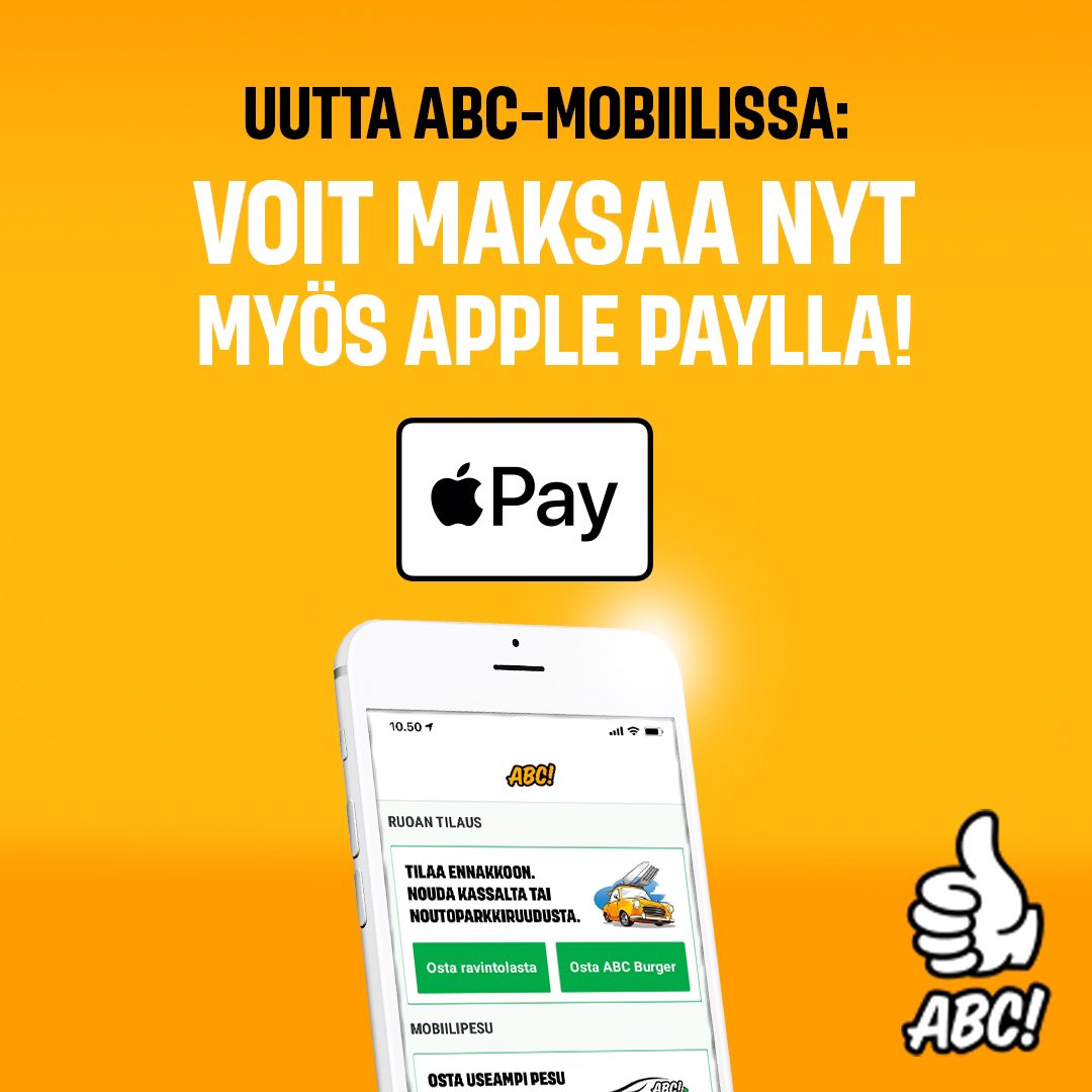 ABC-mobiilissa voi nyt maksaa ABC-latauksia myös Apple Paylla (oman pankin maksukortti Wallet-sovellukseen. S-etukorttia ei voi vielä lisätä).

Apple Pay tulee automaattisesti maksutavaksi ABC-mobiiliin Muut maksutavat -kohdan alle. 
1/2
 #sähköauto #ABClataus #ApplePay