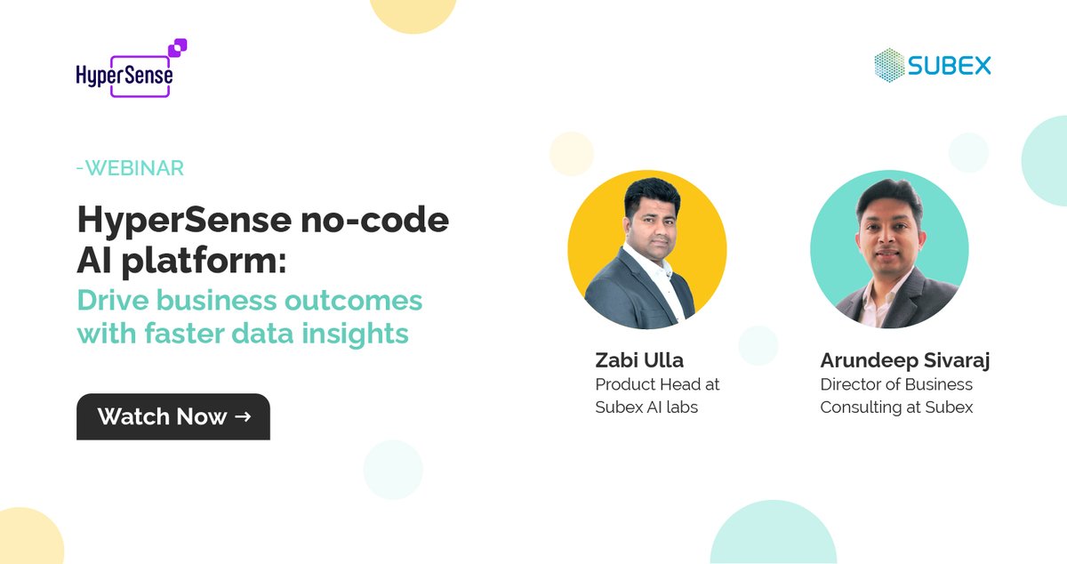 subex's tweet photo. Watch the webinar where Zabi Ulla, Product Head at Subex AI Labs, and Arundeep Sivaraj, Director of Business Consulting at Subex share insights on how you can leverage the HyperSense AI Platform. https://t.co/k9bjkbR1Uy
#HyperSense #NoCodeAI #DataScience #AI #AugumentedAnalytics https://t.co/EgtvML405W