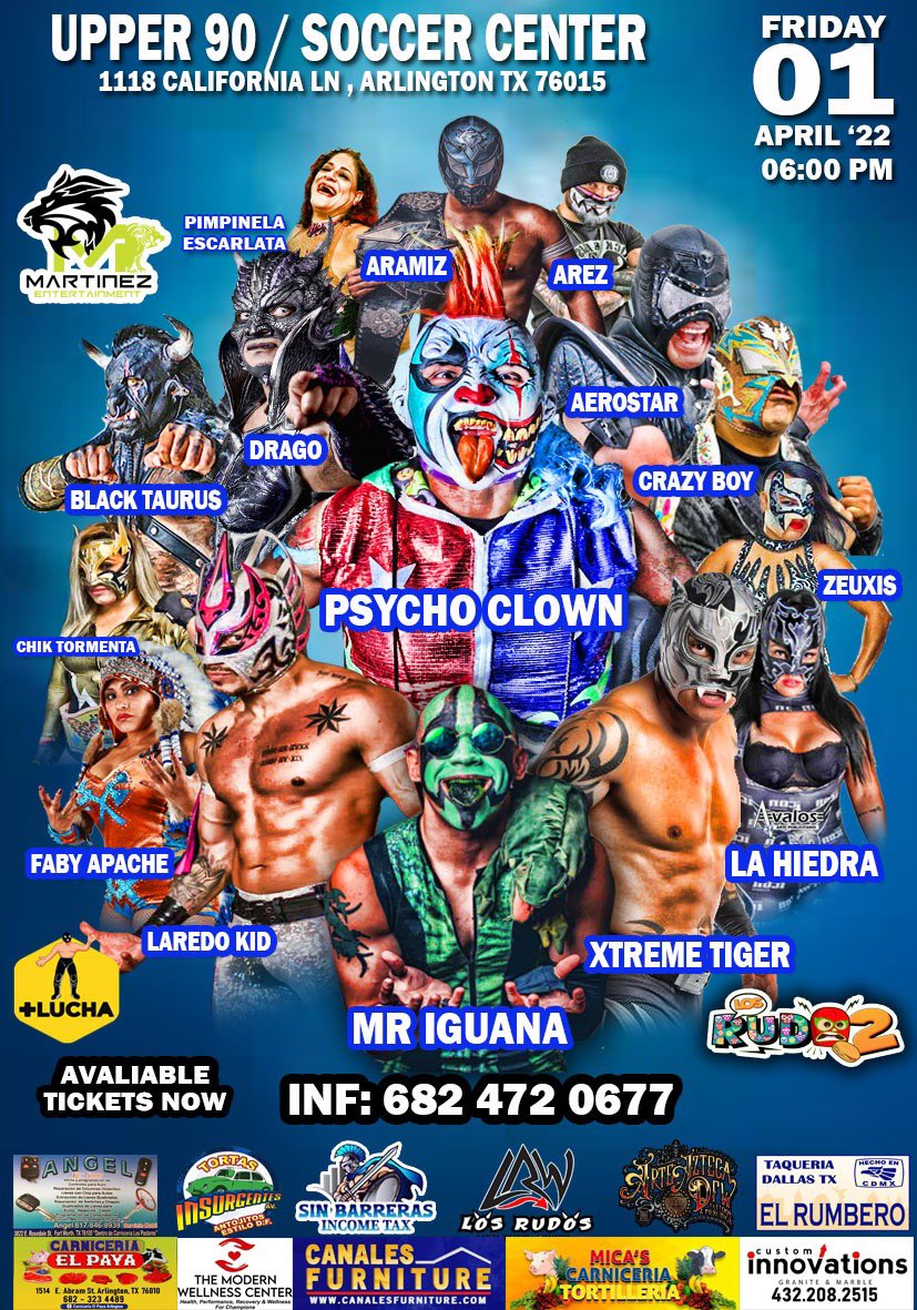 MtzEntertaiment's tweet photo. @MtzEntertaiment @Psychooriginal @Laredokidpro1 @aaaerostar1 @DragoAAA @Taurusoriginal @XtremeTigerTJ @AAACrazyboy @LaHiedraAAA @ZeuxisLucero @chiktormenta @ArezStrange @FabyApacheAAA @MrIguana @MichaelElgin25 April 1st https://t.co/OJQJseOYVT