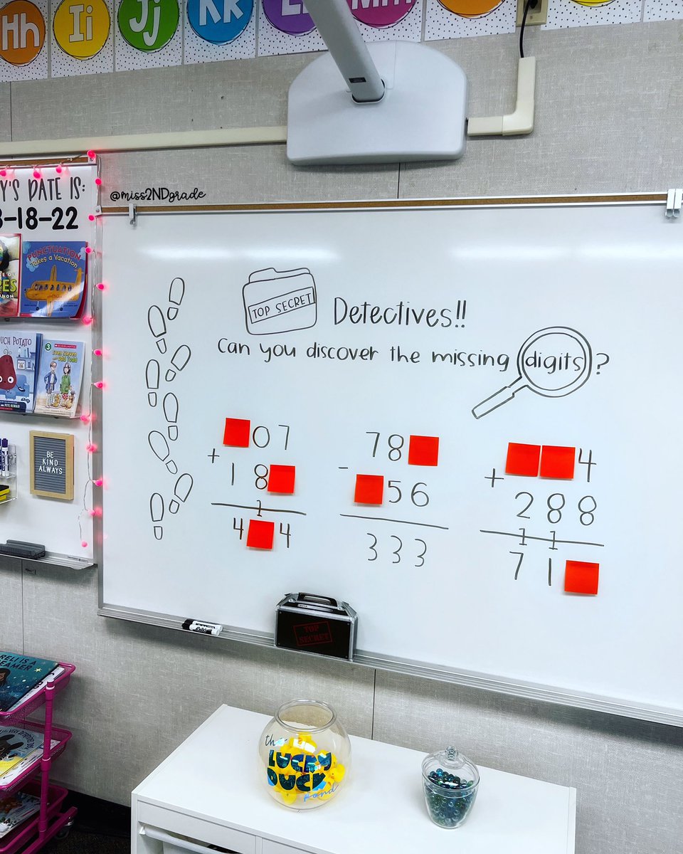 A top secret morning challenge: Math Detectives on a mission to solve the missing digits in 3-digit addition/subtraction problems.🔍✏️ 

So simple yet so effective for students to strategize together, and “prove” their thinking. 🕵🏻‍♀️ #rusdlearns @RUSDmath @GreatMindsEd @eureka_math