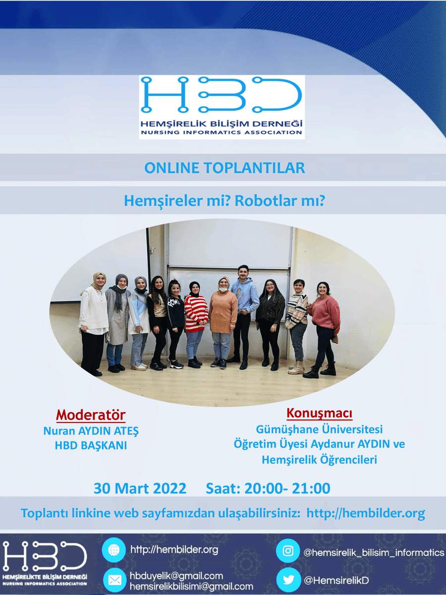 Hembilder's tweet photo. Hemşirelikte Bilişim Derneği olarak düzenlediğimiz Online Toplantılar serimizde bu hafta, "Hemşireler mi? Robotlar mı?" sorusuna yanıt arıyoruz. Bekleriz :)
Toplantı detaylarımız web sayfamızdadır: https://t.co/faEKXGEhnh 
#nursinginformatics https://t.co/4E6TK5Kqze
