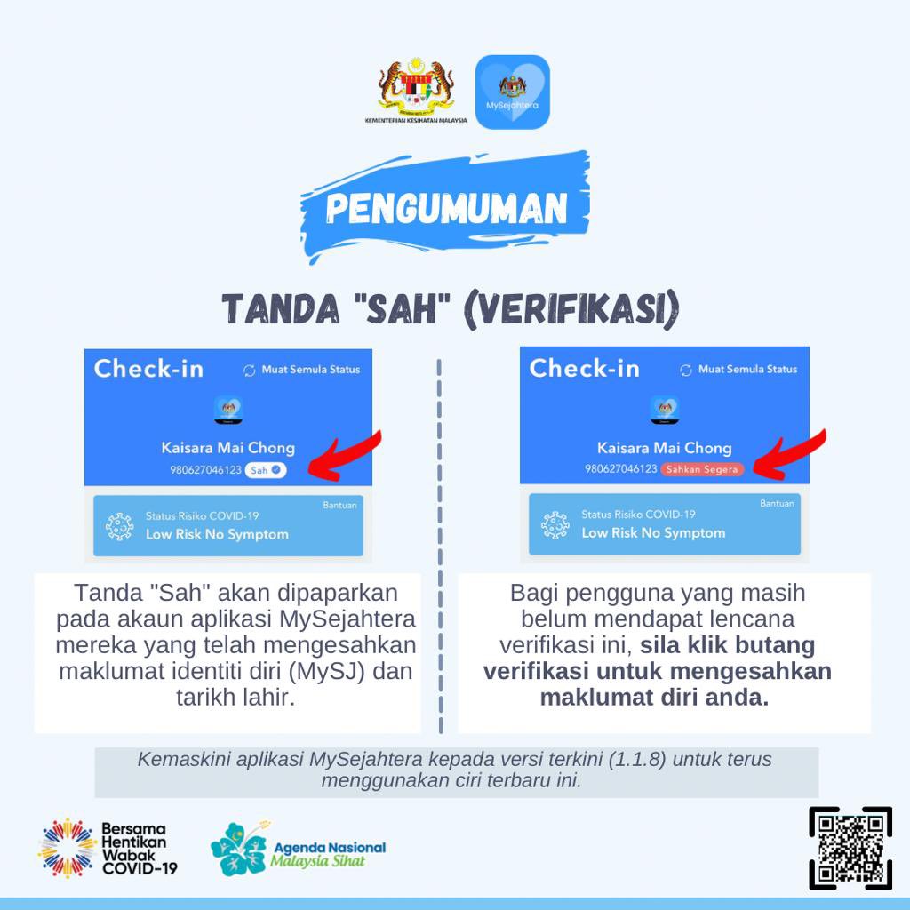 my_sejahtera's tweet photo. Akaun yang telah disahkan (verified) memastikan ciri yang ada di MySejahtera dapat digunakan sepenuhnya. Contohnya, ada yang tidak dapat melihat sijil vaksinasi mereka di MySejahtera kerana belum mengesahkan akaun mereka. (1/2) https://t.co/rBxXrxS6rR