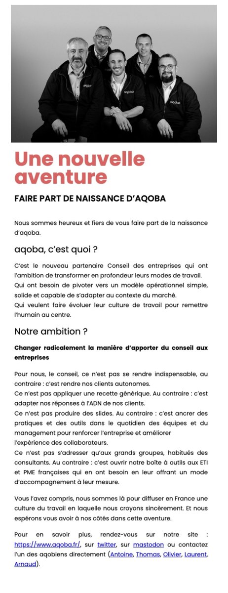 Heureux et fiers d'annoncer la naissance d’aqoba
Envie de réinventer le conseil en organisation avec nous ?
Suivez-nous sur Linkedin linkedin.com/company/aqoba-… et sur twitter <a href="/aqoba_fr/">aqoba</a> :)

#entrepreneur #conseil #transformation #agile #BusinessAgility #eti #pme