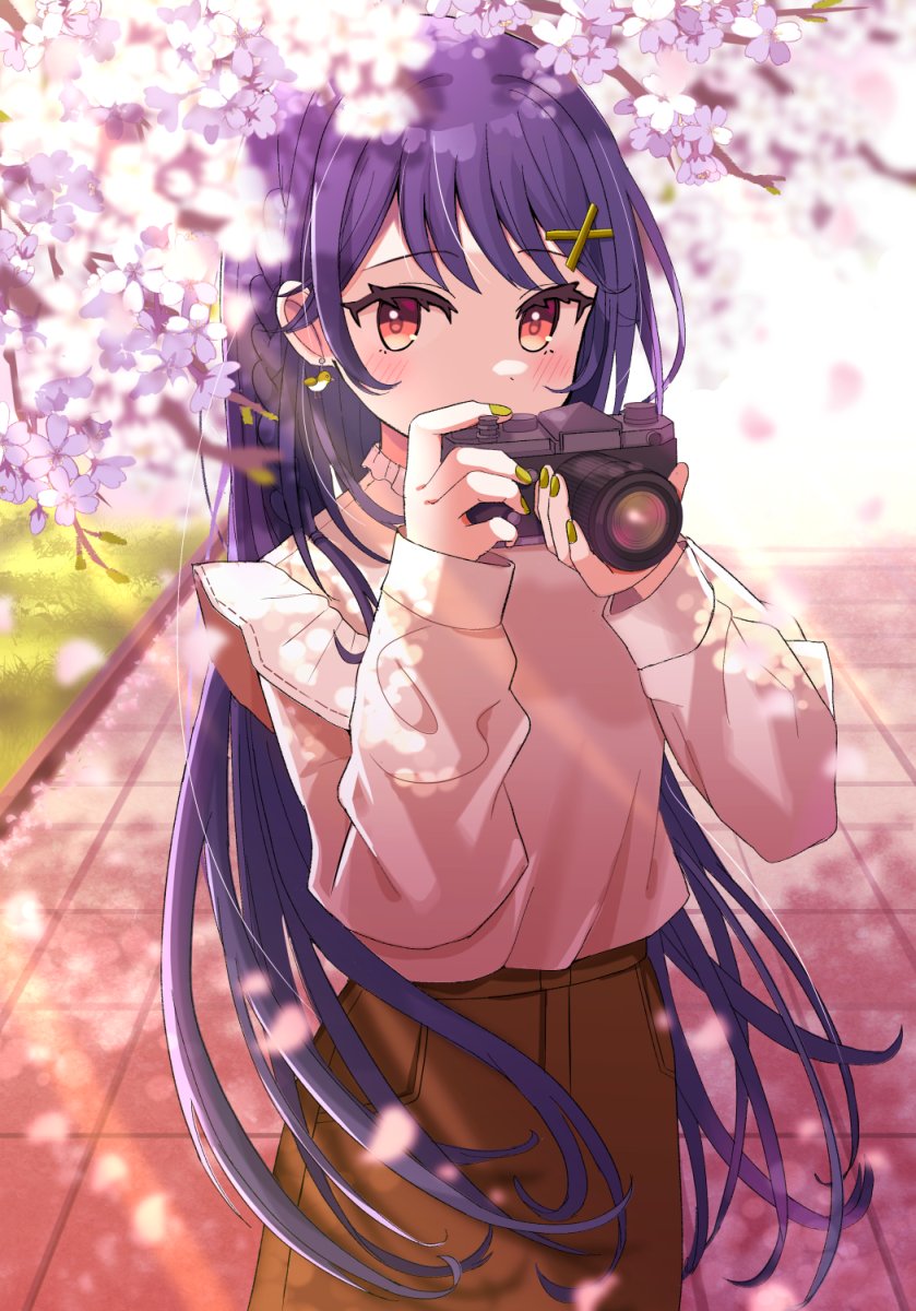 1girl solo cherry blossoms holding long hair camera hair ornament  illustration images