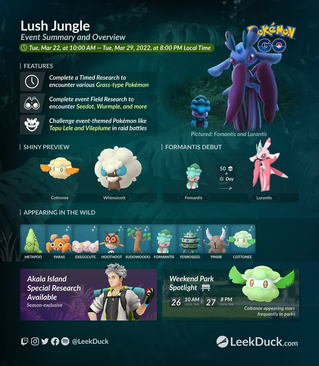 LeekDuck's tweet photo. Lush Jungle - Event Summary and Overview

Full Details: https://t.co/qehBjnQon4 https://t.co/BWZcPVRTDT