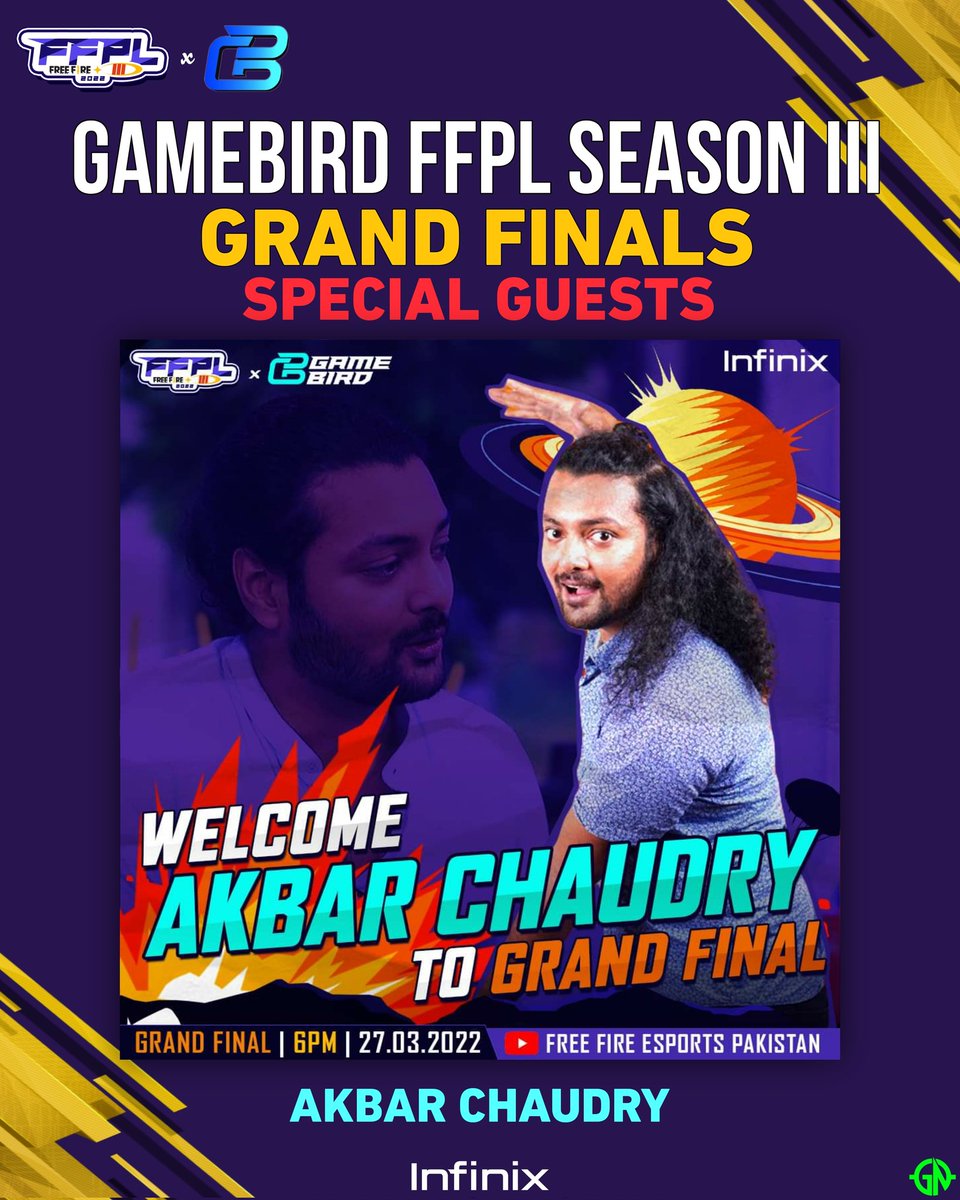 gamingnewspk's tweet photo. GameBird FFPL III Grand Final will take place at 6PM 27.03.2022. Stay tuned for the biggest esports event in Pakistan ever! 

Special guests are invited in FFPL Grand Finals 💥 

#FFPL2703 #GameBirdGG #FFPL #esports #gamingnewspk https://t.co/QYOk0sfvrL