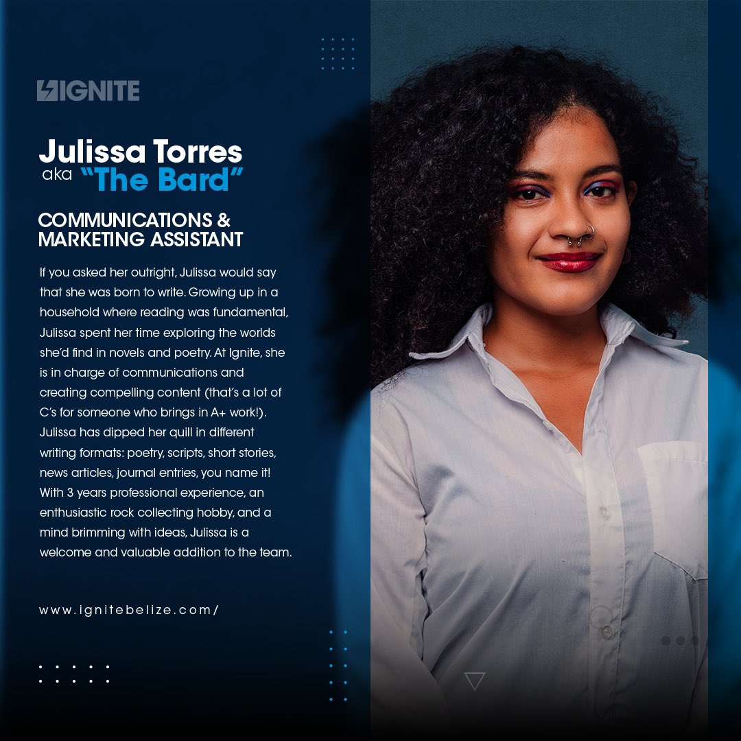 ignitebelize's tweet photo. Introducing the people behind the magic at Ignite! We start our series off with Julissa Torres swipe to learn more about our Bard and her role with us! ⚡️🎥👩🏻‍💻👩🏻‍💼📃✍🏼 #igniteteam #communications #marketingassistant #belize #womaninbusiness https://t.co/lQZJAqyv80