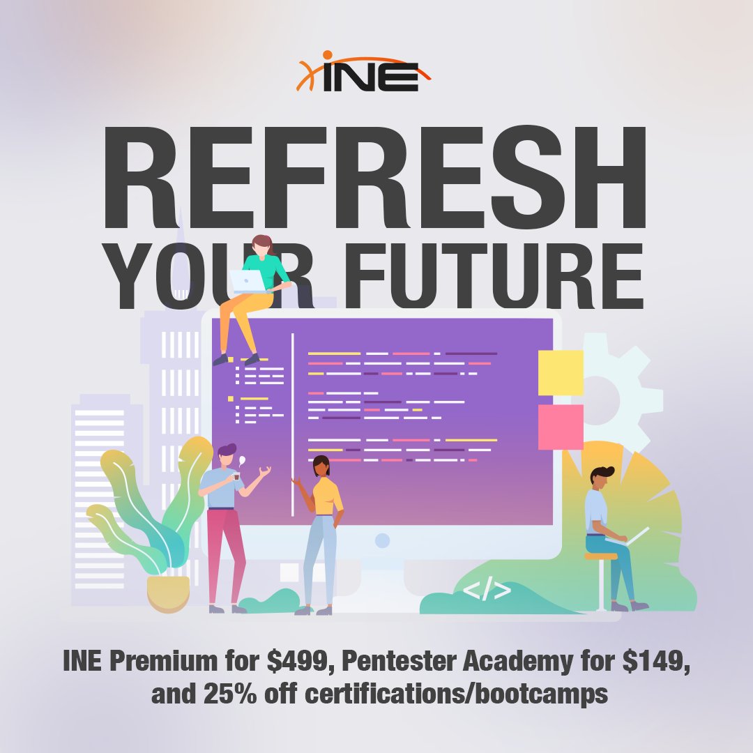 ine's tweet photo. Did you ask for more #discounts on @eLearnSecurity #certifications? 👂 Don't miss out on 25% off on certs, 25% off on @SecurityTube #bootcamps, #PentesterAcademy Access for $149 &amp; #INE Premium for $499! Refresh your future today! Click here to save: https://t.co/tzfEopOiFL https://t.co/lYBTj6G9G1