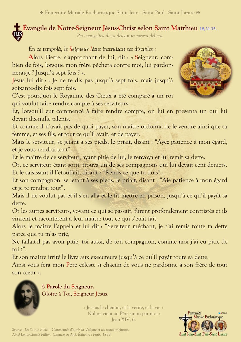 IRFMx's tweet photo. ✞ L’#Évangile du #jour :
« Ce #serviteur étant #sorti, #trouva un de ses #compagnons qui lui #devait cent #deniers, et le #saisissant il l’#étouffait, disant : “#Rends ce que tu #dois” ». https://t.co/mTAAPYd3GS