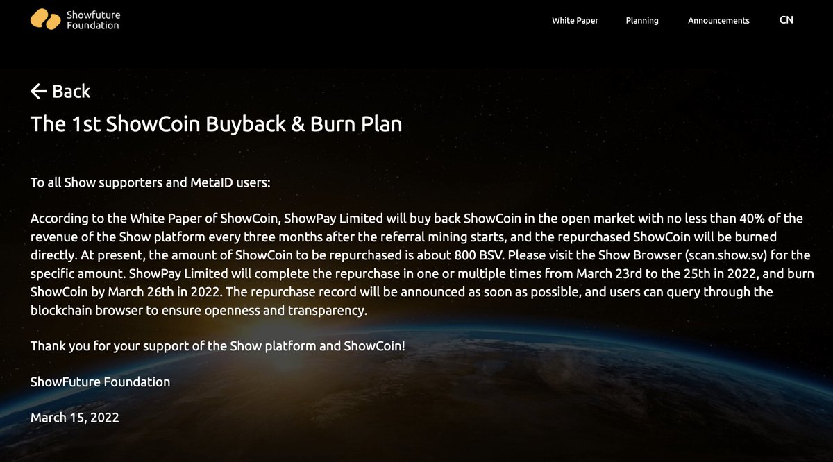 1 DAY COUNTDOWN of $ShowCoin BuyBack &amp; Burn!
About 800 BSV will be used to buy back $ShowCoin in this quarter. 

See official announcement 👇showfuture.foundation/Announcements