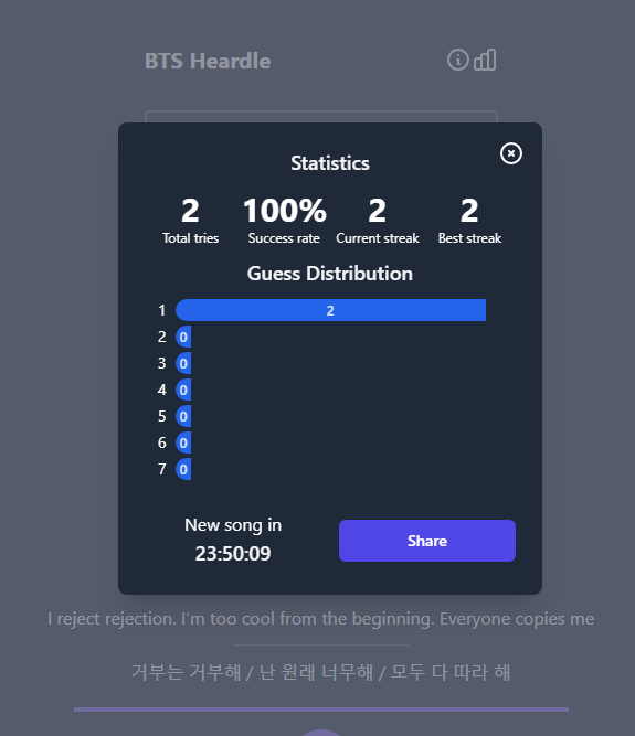 Albatoons's tweet photo. Llevo 2 al 100% , lo malo es el tiempo de espera.

BTS Heardle #2 1/7

#BTS #Butter_BTS #BTS_Butter #Buttter @BTS_twt https://t.co/owyCevekwd