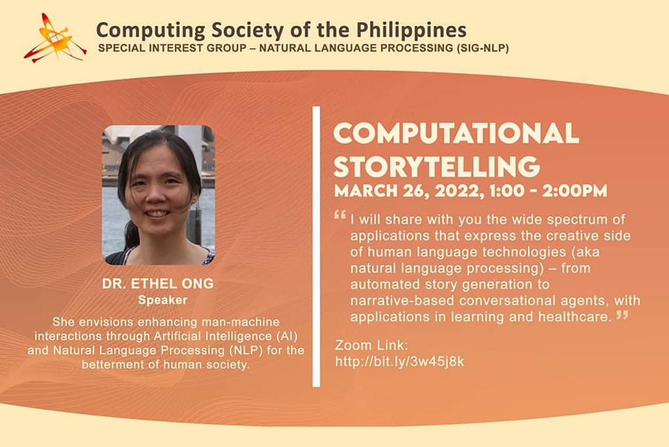 DLSU_CeLT's tweet photo. From the Special Interest Group-Natural Language Processing (SIG-NLP) of the Computing Society of the Philippines ( @csp_ph )

There is a FREE webinar on March 26, 2022 @ 1:00pm-2:00pm. More details in the poster.

Registration Zoom Link : https://t.co/HT43lYSlCq https://t.co/kqqQGggMiD