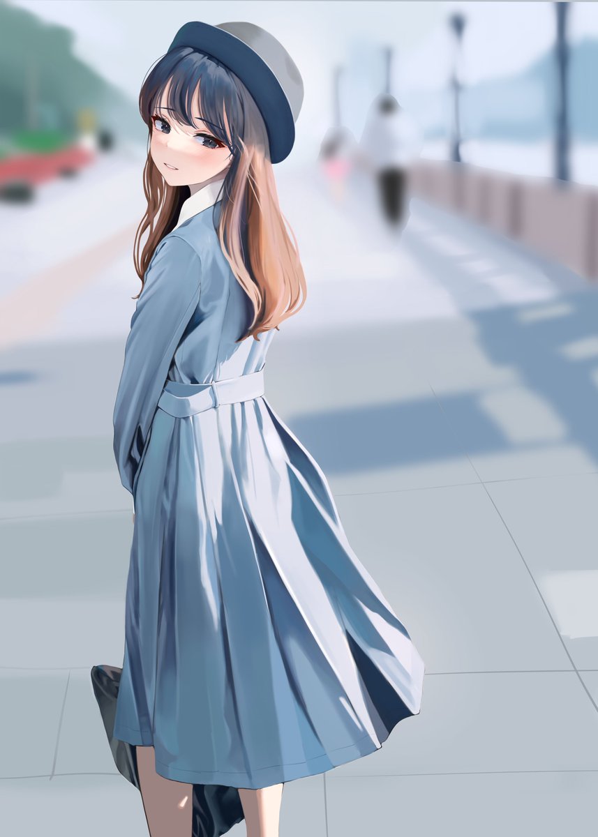 1girl hat long hair brown hair looking at viewer solo outdoors  illustration images