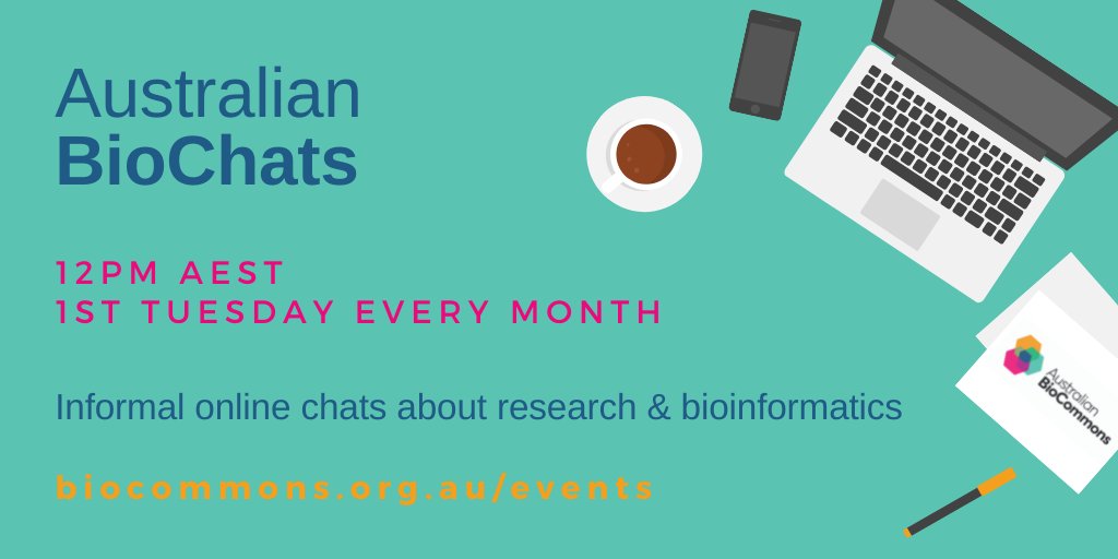 AusBiocommons's tweet photo. We're very excited to start a new series of BioChats this month! A 30min drop in session for researchers to share their work, trade secrets, offer tips and hacks, have a whinge - whatever - about bioinformatics and research computing. Starts 5 Apr: https://t.co/BhGi0df58a https://t.co/hlIJ1HQsQx