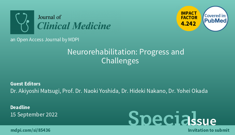 #mdpijcm 
Glad to announce that the submission deadline of the #SpecialIssue: #Neurorehabilitation: Progress and Challenges has been extended to 15 September 2022. 

More info: mdpi.com/journal/jcm/sp…

Welcome your submissions! 
<a href="/matsu__aki/">松木明好(Matsugi Akiyoshi)</a>