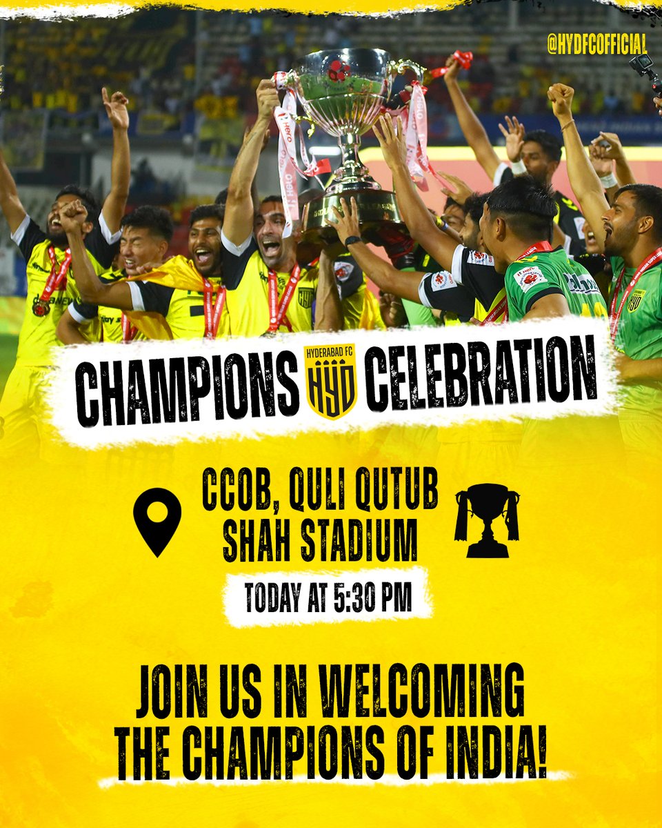 🤩 The Champions of India, ready to show off!

Let's get together and show them some love, Hyderabad style.

📍 CCOB, Quli Qutub Shah Stadium
🕰️ 5:30 pm

Let's go, Hyderabad... 💪

#ThisIsOurGame #మనహైదరాబాద్ #HyderabadFC