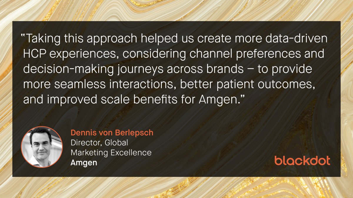 _Blackdot_'s tweet photo. We're thrilled to share a Q&amp;A blog with Dennis von Berlepsch – Director, Global Marketing Excellence at Amgen. Here, he shares the benefits of taking an outside-in approach to transformation, and his perspectives on what the future of Pharma looks like: https://t.co/XU2JrYtnzQ https://t.co/9skOxLi6D1