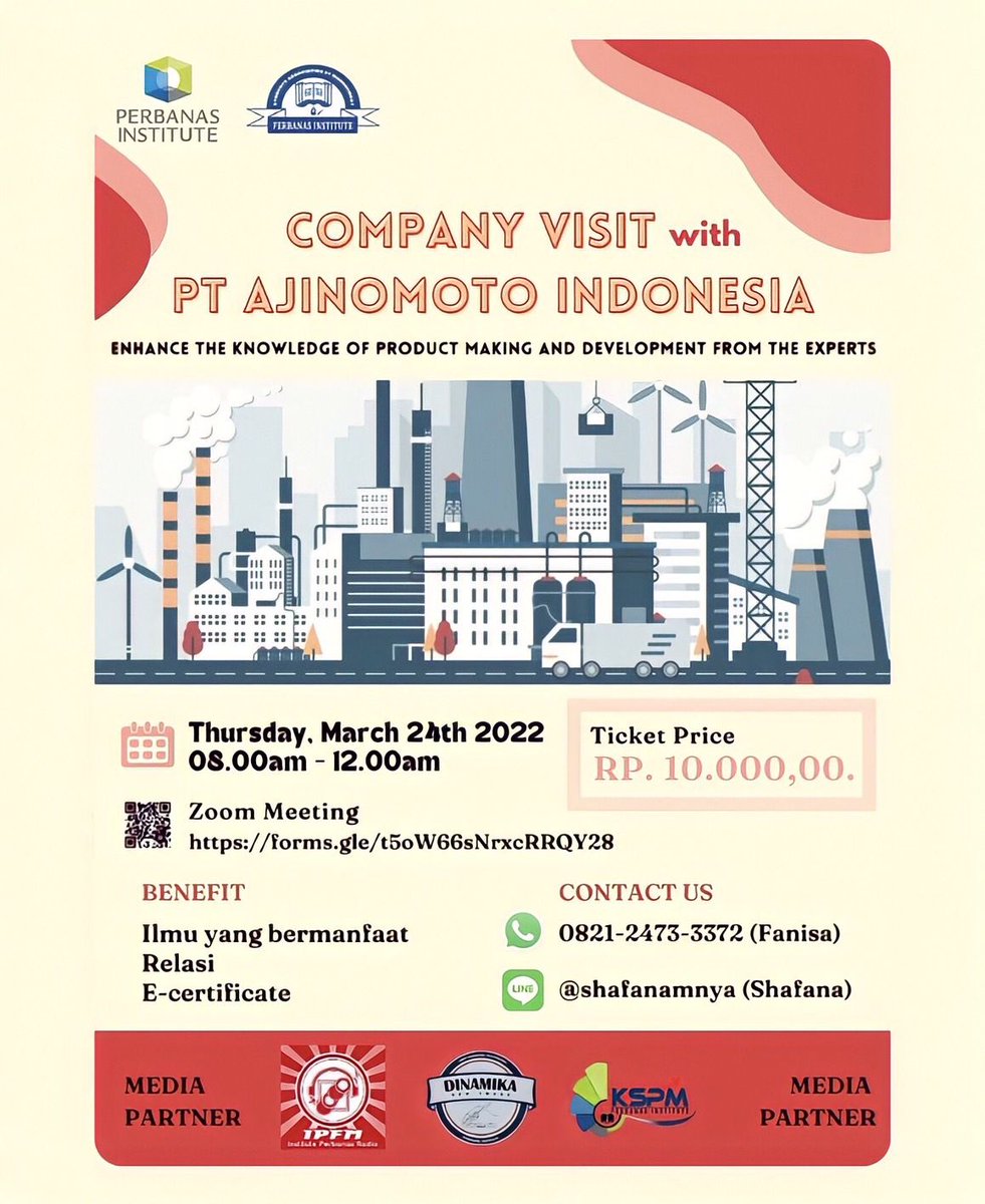 📍Company Visit HMPS-Manajemen Perbanas Institute 📍

📅 Will be held on: Thursday, March 24th, 2022 at 08:00 A.M. via ZOOM Meeting

📩 Register now on: 
bit.ly/CV2022HMPSM

📞For further information:
WA: 082124733372 - Fanisa
LINE: shafanamya - Shafana
