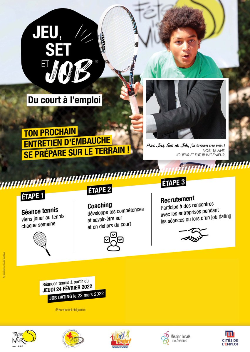 📅 Aujourd'hui nous participons à Jeu, Set &amp; Job🎾, un événement qui allie #Sport et #Emploi. 

𝗔𝘂 𝗽𝗿𝗼𝗴𝗿𝗮𝗺𝗺𝗲 : 
13h - 17h, sport et recrutement sous la forme d'activités tennis entre jeunes, employeurs et CFA, puis job dating.

Hâte d'y être 😍