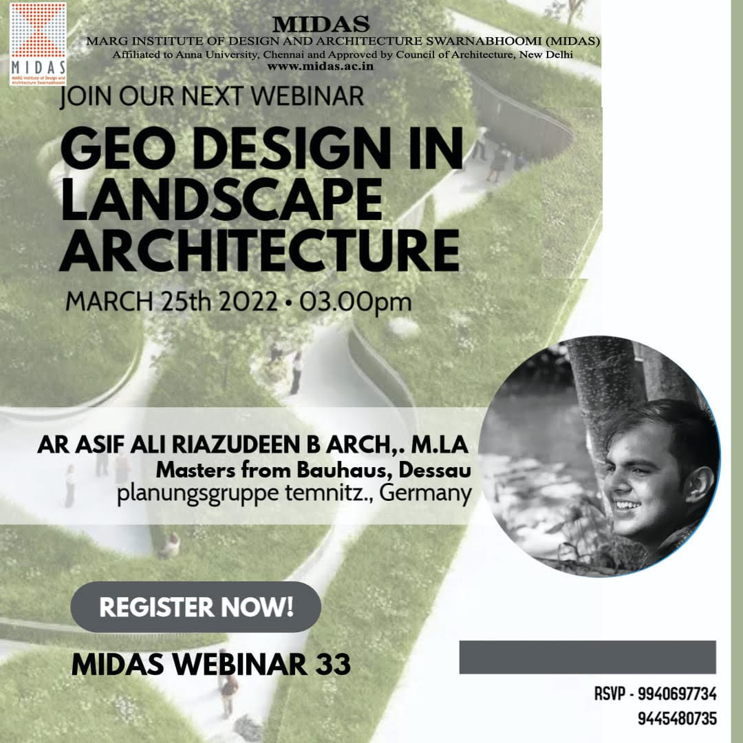 midas_marg's tweet photo. MIDAS Welcomes you to Webinar on "GEO Design in Landscape Architecture" by "Ar. Asif Ali Riazudeen", 25.03.2022 @ 03.00 pm to 04.00 pm.
Click here for registration:
https://t.co/mAn9THL99Z
#midas #landscapephotography #toparchitecture #landscape #landscapedesign https://t.co/Px4qtrIeGN