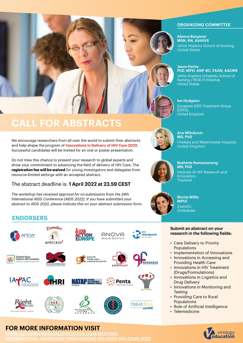 HIVNAT's tweet photo. International Workshop on Innovations in Delivery of HIV Care
Dates of the Workshop: 20-21 June 2022
Format: Virtual

Abstract Submission Deadline: 1 April 2022 at 23:59 CEST
Abstract Submission Portal: https://t.co/znUN8hlRsr 
Abstract Webpage: https://t.co/w8R67zT2kU https://t.co/Xb2G7zUpCV