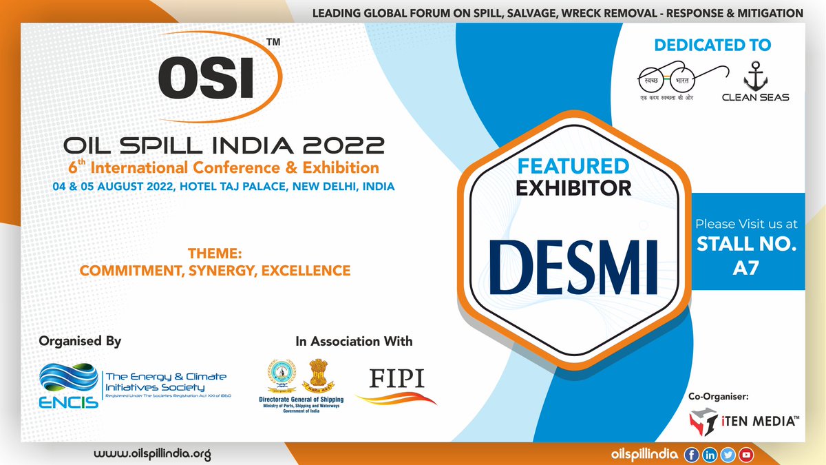 oilspillindia's tweet photo. Pleased to Announce & Welcome #DESMI as our "Featured Exhibitor" in Oil Spill India (OSI 2022),
🔆 4-5 Aug22 at Hotel Taj Palace, New Delhi📌
🔆 Showcase Your Products- https://t.co/qqZ34QmKBA
🔆 Request A Call Back- https://t.co/915L5MGwjE
#maritime #technology #oil #energy https://t.co/smgqoIADBV
