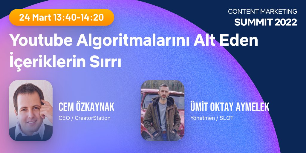 İçerik Bulutu (@icerikbulutu) on Twitter photo CreatorStation CEO'su Cem Özkaynak (<a href="/cemm/">Cem Ozkaynak</a>) ve SLOT Kanalı Yönetmeni Ümit Oktay Aymelek (<a href="/o_aymelek/">Ümit Oktay Aymelek</a>), "Youtube Algoritmalarını Alt Eden İçeriklerin Sırrı" konulu oturumda deneyimlerini paylaşacaklar.
📅 24 Mart
⌚️ 13:40 - 14:20
Ücretsiz kayıt için👉 summit.icerikbulutu.com CreatorStation CEO'su Cem Özkaynak (<a href="/cemm/">Cem Ozkaynak</a>) ve SLOT Kanalı Yönetmeni Ümit Oktay Aymelek (<a href="/o_aymelek/">Ümit Oktay Aymelek</a>), "Youtube Algoritmalarını Alt Eden İçeriklerin Sırrı" konulu oturumda deneyimlerini paylaşacaklar.
📅 24 Mart
⌚️ 13:40 - 14:20
Ücretsiz kayıt için👉 summit.icerikbulutu.com
