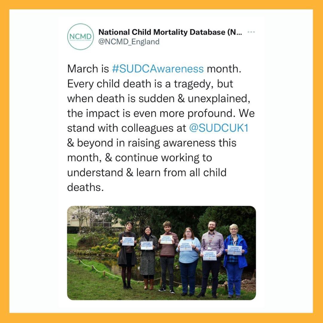 SUDCUK1's tweet photo. Thank you to all the professional organisations, NHS trusts, staff, and everyone, everywhere who are supporting #SUDCAwareness month! ๐
Together, Letโs Shine A Light On #SUDC โญ๏ธ #sudcawarenessmonth @NCMD_England #NHS #paediatrics #paediatricpathology #coroner #icc #grateful https://t.co/hS4dC0hKBE