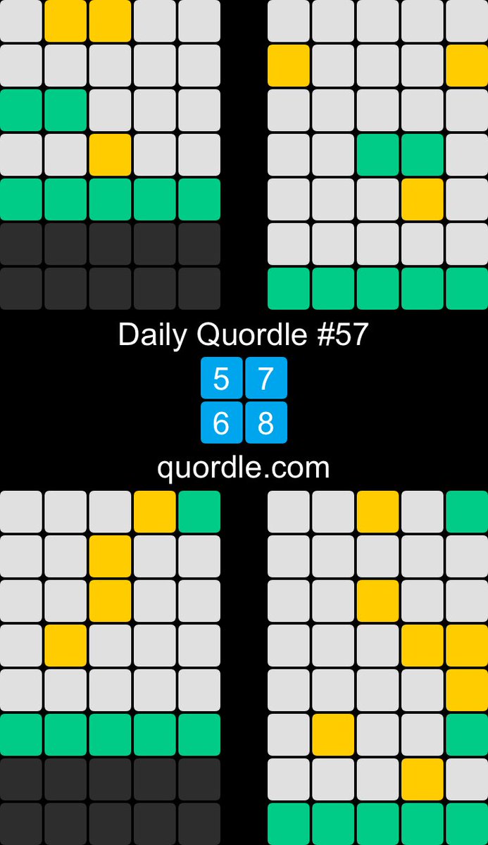 Sub6's tweet image. Daily Quordle #57
5️⃣7️⃣
6️⃣8️⃣
quordle.com