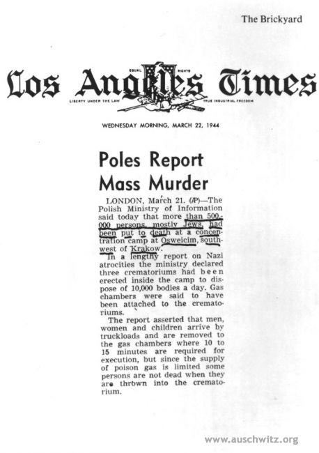 22 March 1944 | The <a href="/latimes/">Los Angeles Times</a> published an <a href="/AP/">The Associated Press</a> wire about the crimes in the German Nazi camp #Auschwitz.

Learn about the history of Auschwitz: lekcja.auschwitz.org/en_1/