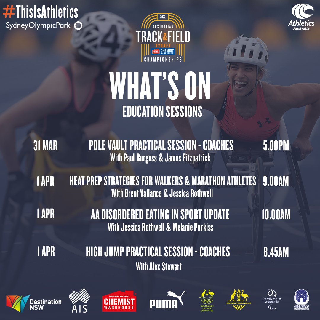 Athletics Australia will be holding free education sessions at the 2022 <a href="/ChemistWhouse/">Chemist Warehouse</a>  Australian Track &amp; Field Championships. Check at what's on at 👉 bit.ly/Education2022N…

#ThisIsAthletics <a href="/destinationnsw/">Destination NSW</a>