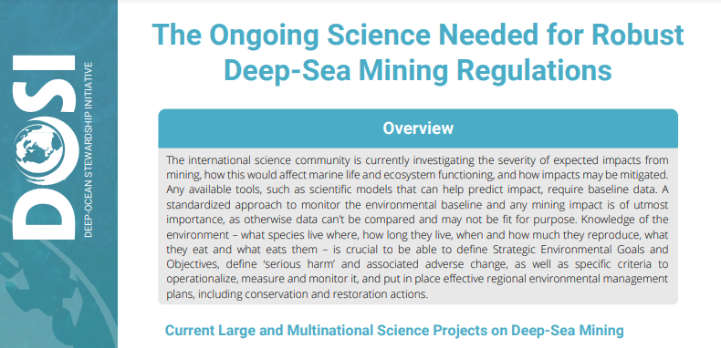 DOSI members are at the <a href="/ISBAHQ/">International Seabed Authority</a> Council meeting that began this week, but doing the #deepsea science needed for good rules is a year-round task! Our Minerals Working Group just released an info sheet on some of those key projects. You can read it here: dosi-project.org/wp-content/upl…